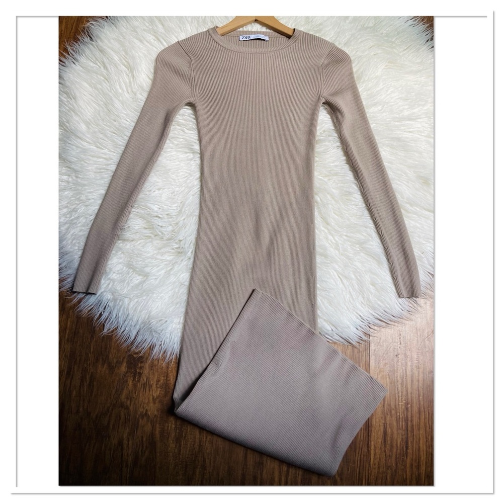 Zara Ribbed Knit Midi Dress Beige Taupe Size Small